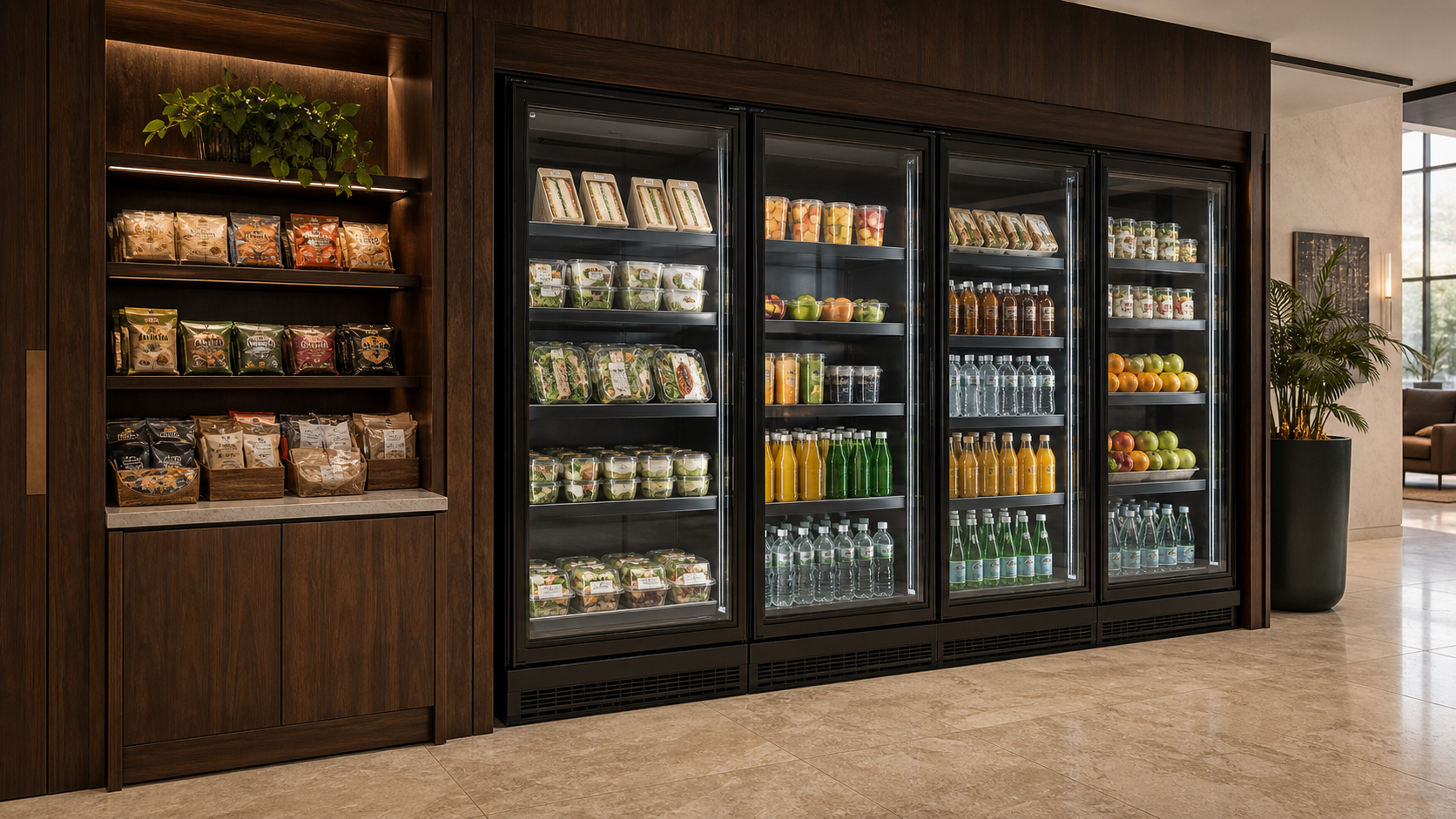 A hotel grab-and-go refrigerated case stocked with prepared food and drinks