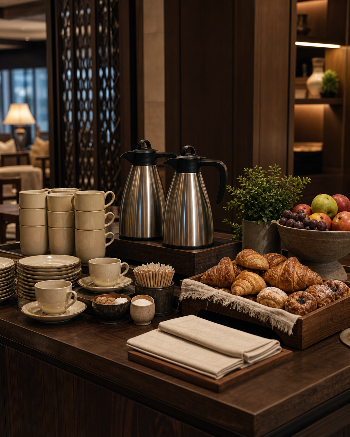 A hotel coffee-and-breakfast service with coffee urns, cups, pastries, and fruit