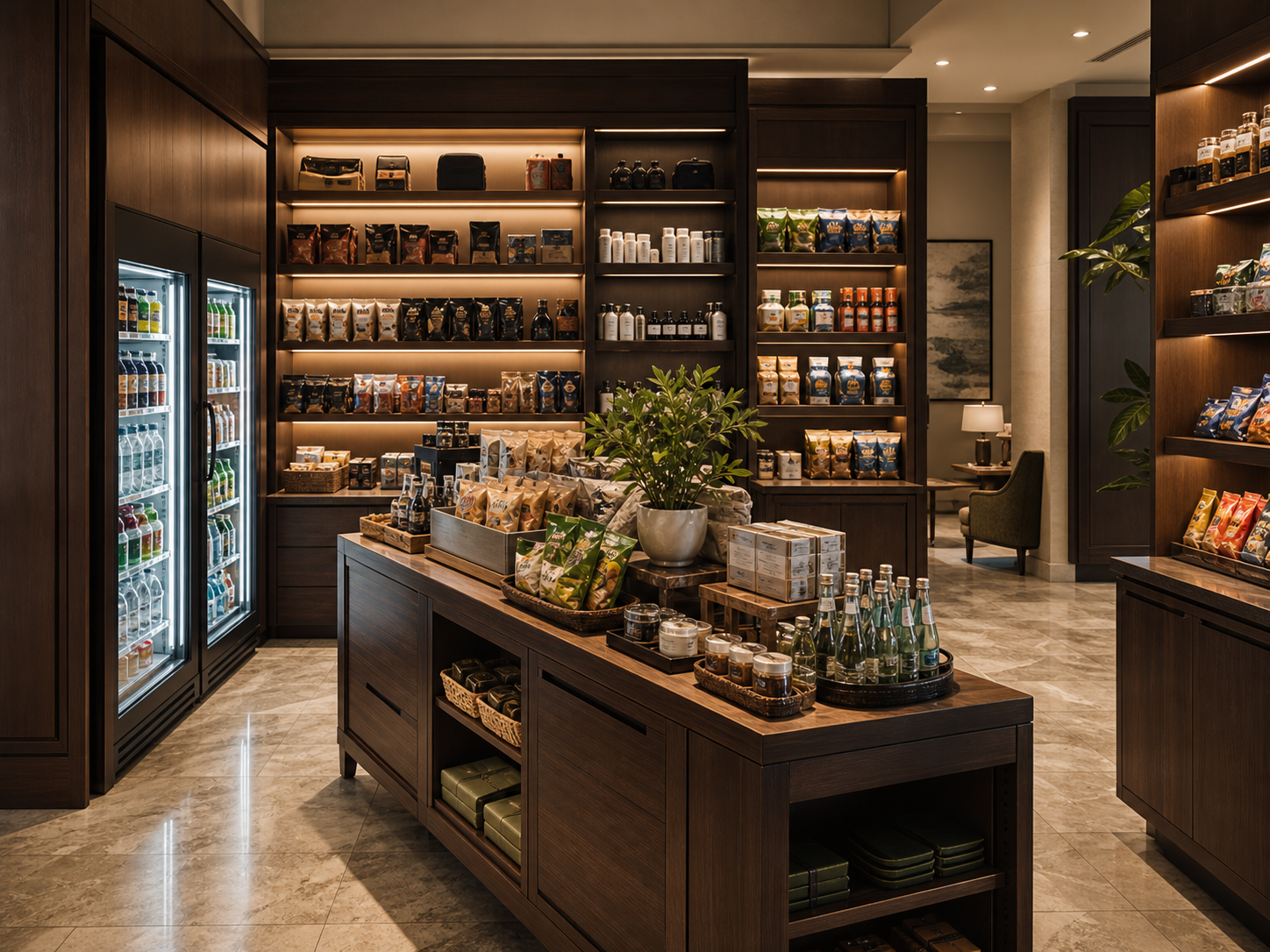 A carefully merchandised hotel pantry with stocked shelves, refrigeration, and a central display table