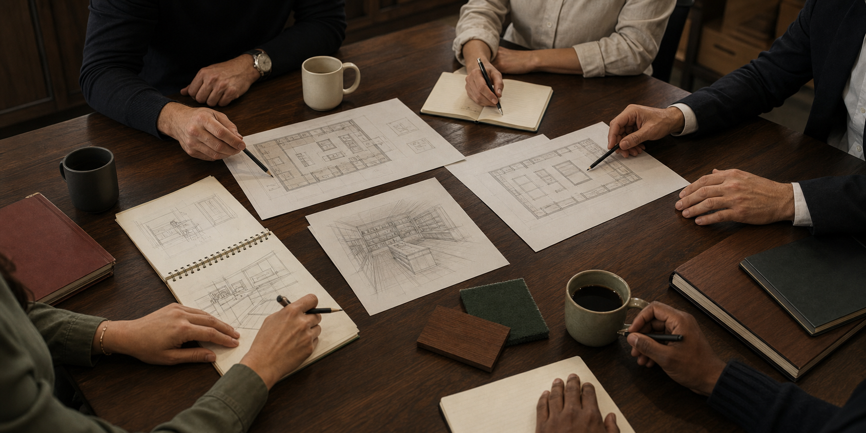 Hotel retail operators reviewing floor plans and merchandising notes around a worktable